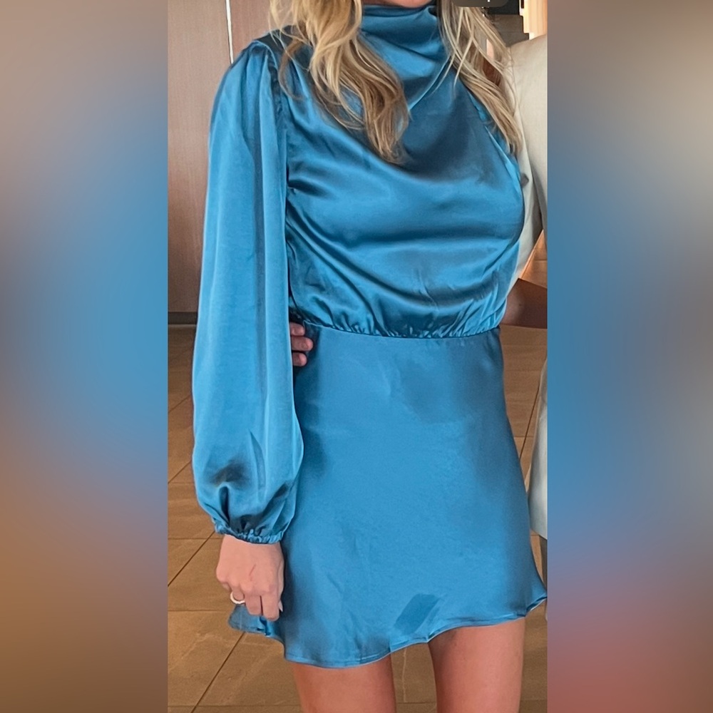One shoulder satin blue mini dress
